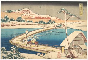 Régi látkép a Kōzuke tartománybeli Sano-i csónakhídról (Kōzuke Sano funabashi no kozu), a „Különféle tartományok híres hídjainak látképei” (Shokoku meikyō kiran) című sorozatból alkotó: Katsushika Hokusai
