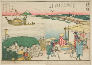 Oldalak a "Panoráma kilátások a Sumida folyó partján (Ehon Sumidagawa ryogan ichiran)" című illusztrált könyvből alkotó: Katsushika Hokusai