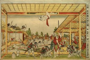 Perspektivikus kép a 47 hűséges vazallus éjszakai támadásáról alkotó: Katsushika Hokusai