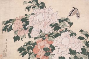 Rózsaszín és piros pünkösdi rózsa szélben és pillangóban balra fújva alkotó: Katsushika Hokusai