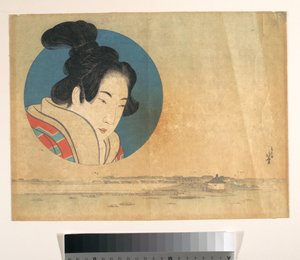 Egy nő portréja nagy körben, alatta tájképpel alkotó: Katsushika Hokusai