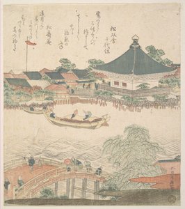 Folyóparti jelenet híddal az előtérben alkotó: Katsushika Hokusai