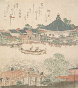 Folyói jelenet híddal az előtérben, kb. 1810. alkotó: Katsushika Hokusai