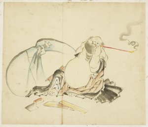 Ülő Hotei Pipázik, kb. 1815-1849 (tinta és szín a papíron) alkotó: Katsushika Hokusai