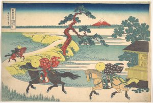 Sekiya falu a Sumida-folyón (Sumidagawa Sekiya no sato), a „A Fuji-hegy harminchat látképe” (Fugaku sanjūrokkei) című sorozatból alkotó: Katsushika Hokusai