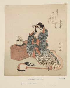 Shamisen Player Adjusting Her Hair (színes fatömb nyomat) alkotó: Katsushika Hokusai