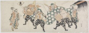 Hat férfiisten az oroszlántáncban, 1797-1819 (színes fatömbnyomat) alkotó: Katsushika Hokusai