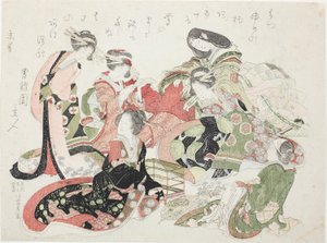 Hat nő ül egy madárkalitka körül alkotó: Katsushika Hokusai