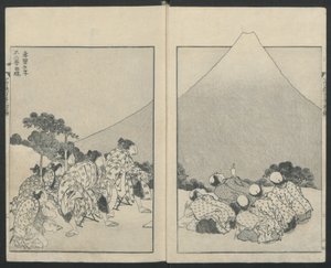 Lecsúszva balra, a Fuji megnyitása jobbra a Fuji-hegy száz nézetéből, 1834. alkotó: Katsushika Hokusai