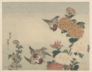 Verébek és krizantémok alkotó: Katsushika Hokusai