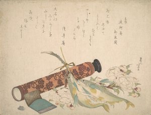 Csendélet: Dupla cseresznyevirág ág, teleszkóp, édes halak és szövettok, c..., kb. 1804-13. alkotó: Katsushika Hokusai