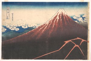 Vihar a Fuji-hegy lábánál (Sanka no haku u), a „A Fuji-hegy harminchat látképe” (Fugaku sanjūrokkei) című sorozatból alkotó: Katsushika Hokusai