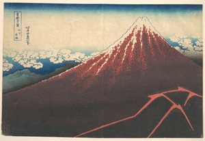 Vihar a Fuji-hegy lábánál (Sanka no haku u), a „A Fuji-hegy harminchat látképe” (Fugaku sanjūrokkei) című sorozatból alkotó: Katsushika Hokusai