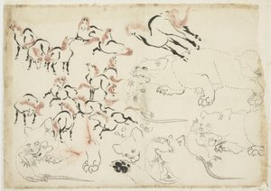 Lovak, macskák és patkányok tanulmányozása (tól "Hokusai Manga"), 1815-1849 körül (tinta és szín papíron) alkotó: Katsushika Hokusai