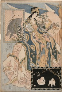 Tang Lady egy fehér elefánton, egy díszletből Óriás szalmaművek reklámozása egy tisztességes attrakcióban alkotó: Katsushika Hokusai