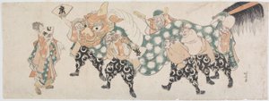 A szerencse hét istene az oroszlán-táncban alkotó: Katsushika Hokusai