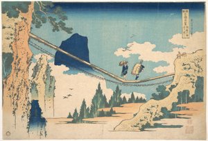 A Hida és Etchū tartományok határán álló függőhíd (Hietsu no sakai tsuribashi), a „Különféle tartományok híres hídjainak látképei” (Shokoku meikyō kiran) című sorozatból alkotó: Katsushika Hokusai