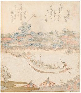 A Sumida folyó partja, Komatomeishi. Triptichon az Umazukushi sorozatból, Központi rész, 1822 alkotó: Katsushika Hokusai