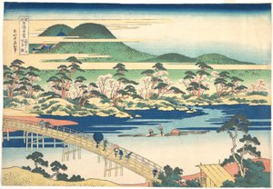 A Togetsu-híd Arashiyamában, Yamashiro tartományban, a „Különleges kilátások a különböző tartományok hídjairól” (Shokoku meikyō kiran) című sorozatból alkotó: Katsushika Hokusai