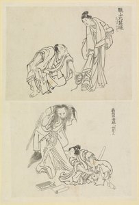 Két színpadi jelenet, egy férfival és egy nővel, egy pedig egy férfival és egy rókával alkotó: Katsushika Hokusai