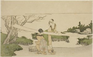 Két nő nyújtó ruhát alkotó: Katsushika Hokusai
