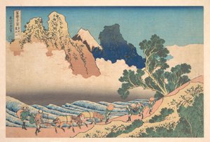 Kilátás a Fuji-hegy másik oldaláról a Minobu-folyóról (Minobugawa ura Fuji), a „A Fuji-hegy harminchat látképe” (Fugaku sanjūrokkei) című sorozatból alkotó: Katsushika Hokusai