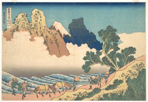 Kilátás a Fuji-hegy másik oldaláról a Minobu-folyóról (Minobugawa ura Fuji), a „A Fuji-hegy harminchat látképe” (Fugaku sanjūrokkei) című sorozatból alkotó: Katsushika Hokusai