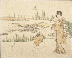 Nő és gyermek a kertben; az „Aranyhal-árus” című festmény részlete alkotó: Katsushika Hokusai