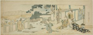 Nők a verandán nézik a virágot szedő lányt alkotó: Katsushika Hokusai