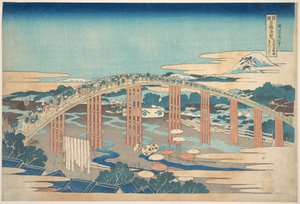 A Tōkaidō-útvonalon, Okazakiban található Yahagi-híd (Tōkaidō Okazaki Yahagi no hashi), a „Különféle tartományok híres hídjainak látképei” (Shokoku meikyō kiran) című sorozatból alkotó: Katsushika Hokusai