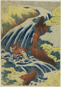 Yoshitsune lómosó vízesés Yoshinónál Yamato tartományban (Washu Yoshino Yoshitsune uma arai no taki) a "Különböző tartományok vízeséseinek túrája (Shokoku taki meguri)" sorozatból. alkotó: Katsushika Hokusai