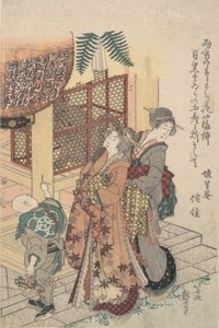Fiatal hölgyek tisztelegnek egy szentély előtt, kb. 1814. alkotó: Katsushika Hokusai