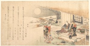 Lámpás fiatal hölgy; férfi és nő egy teaház verandáján alkotó: Katsushika Hokusai