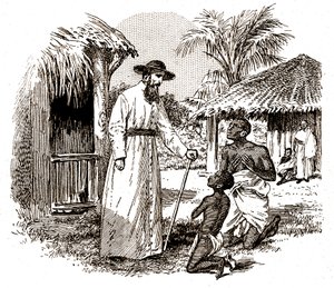 Katolikus misszionárius Afrikában, aki megtérést gyakorol egy gyermeken és az apján, 1900 körül (metszet)