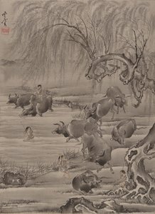 Buffalo and Herdsman, kb. 1887. alkotó: Kawanabe Kyosai