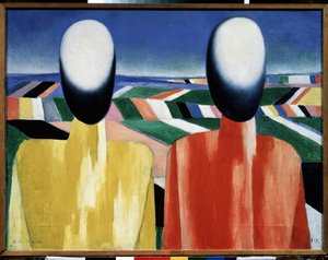 Parasztok (parasztok). Két arctalan fej a megművelt földek tája előtt. Kasimir Severinovich Malevics (Malevics, Malevic) (1878-1935) festménye, olaj, vászon, 1930 körül. Orosz művészet, avantgárd, XX. század, szuprematizmus. Állami orosz múzsa alkotó: Kazimir Severinovich Malevich