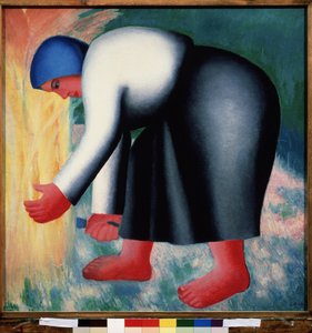 Egy kaszás. Gabonát arató hajlított, mezítlábas parasztasszony portréja. Kasimir Severinovich Malevics (Malevics, Malevic) festménye (1878-1935), olaj, fa alkotó: Kazimir Severinovich Malevich