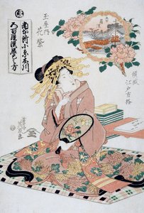Hanamurasaki udvarhölgy a Tamaya teaházból, legyezővel a kezében, 1830 körül, Keisai Eisen (1790-1848) Ukiyo-e művészeti nyomata, Oban-tate-e fametszet, 38,5 x 26 cm, japán civilizáció