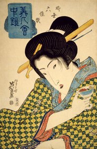 Fiatal nő félalakos portréja csészével a kezében, 1830 körül, Keisai Eisen (1790-1848) ukiyo-e, tükör gyönyörű nőkkel sorozat, válogatás hat korabeli szépségből, oban alakú fametszet, japán civilizáció, Edo korszak ( 1603-1868) alkotó: Keisai Eisen