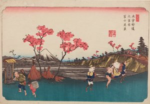 Omiya, rózsaszín fák az út mellett, az „A Kisokaido út 69 szakasza” sorozat 5. képe / Kisokaido rokujukyu tsugi-no uchi alkotó: Keisai Eisen