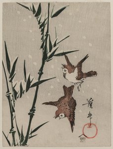 Verebek, bambusz és hulló hó, c. 1820-as évek vége. alkotó: Keisai Eisen