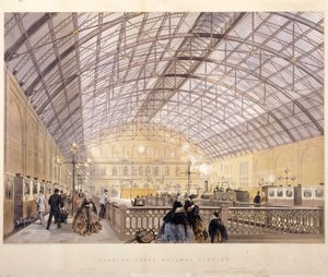 Charing Cross pályaudvar belseje vonatokkal és a vastetővel, London, 1890