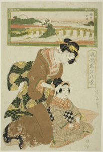 Evening Glow at Seta (Seta sekisho), a "Divatos nyolc kilátás Omira (Furyu Omi hakkei)" sorozatból alkotó: Kikukawa Eizan