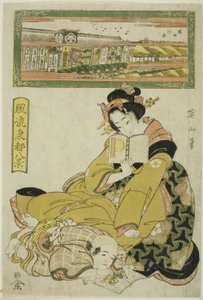 A színházi negyed Sakai-cho-ban (Sakai cho shibai), a "Keleti főváros divatos nyolc kilátásából (Furyu Toto hakkei)" alkotó: Kikukawa Eizan