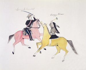 Az indiánok és a fehérek közötti konfliktus szimbolikus ábrázolása két leghíresebb vezetőjük, Custer tábornok és Crazy Horse (pigment a vásznon) által.