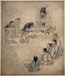 Egy iskolai osztály. Danwon (Kim Hongdo) festménye (1745-1806), tus papírra, Coreen művészet, Joseon (Choson) 18. századi időszak. Koreai Nemzeti Múzeum, Szöul (Dél-Korea).