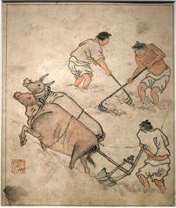 Mezőgazdasági munka jelenet. Danwon (Kim Hongdo) festménye (1745-1806), tus papírra, Coreen művészet, Joseon (Choson) 18. századi időszaka. Koreai Nemzeti Múzeum, Szöul (Dél-Korea).