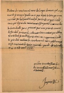 VI. Jakab király 1566-1625-ben írt levele anyjának, Mária királynőnek 1542-1587, 1584-5 alkotó: King James I