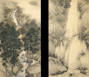 Vízesés tavasszal és ősszel Két függő tekercs készlet, 1893 alkotó: Kishi Chikudo