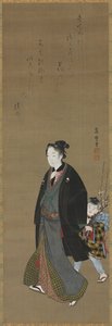 Virágzó ágat hordozó fiúval sétálgatott férfi, c. 1810. alkotó: Kitagawa Fujimaro